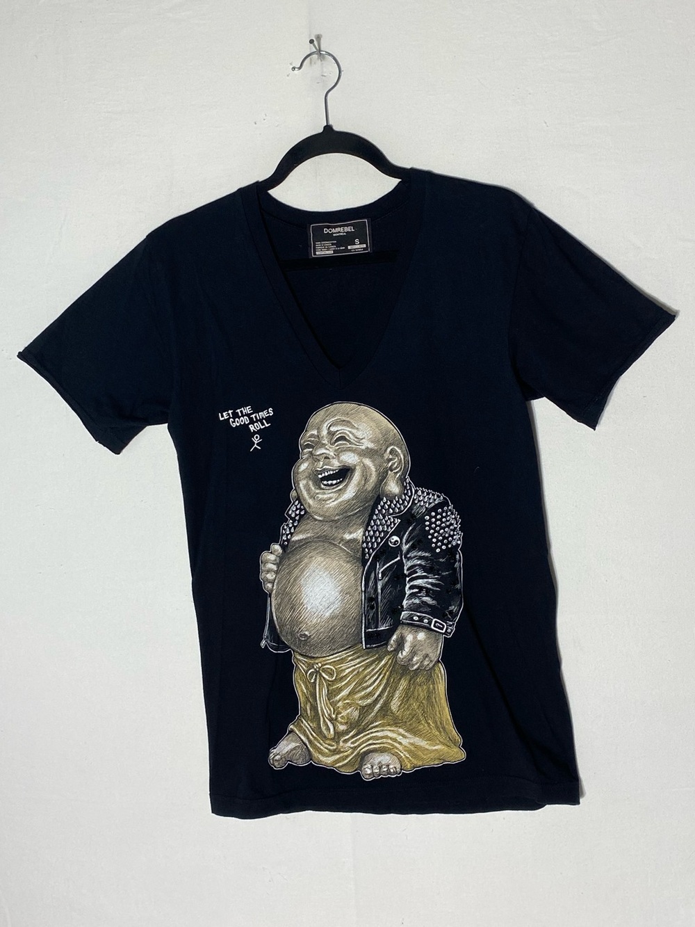 DOMREBEL Black V Neck Rocker Punk Buddha Graphic T Shirt S Designer Streetwear